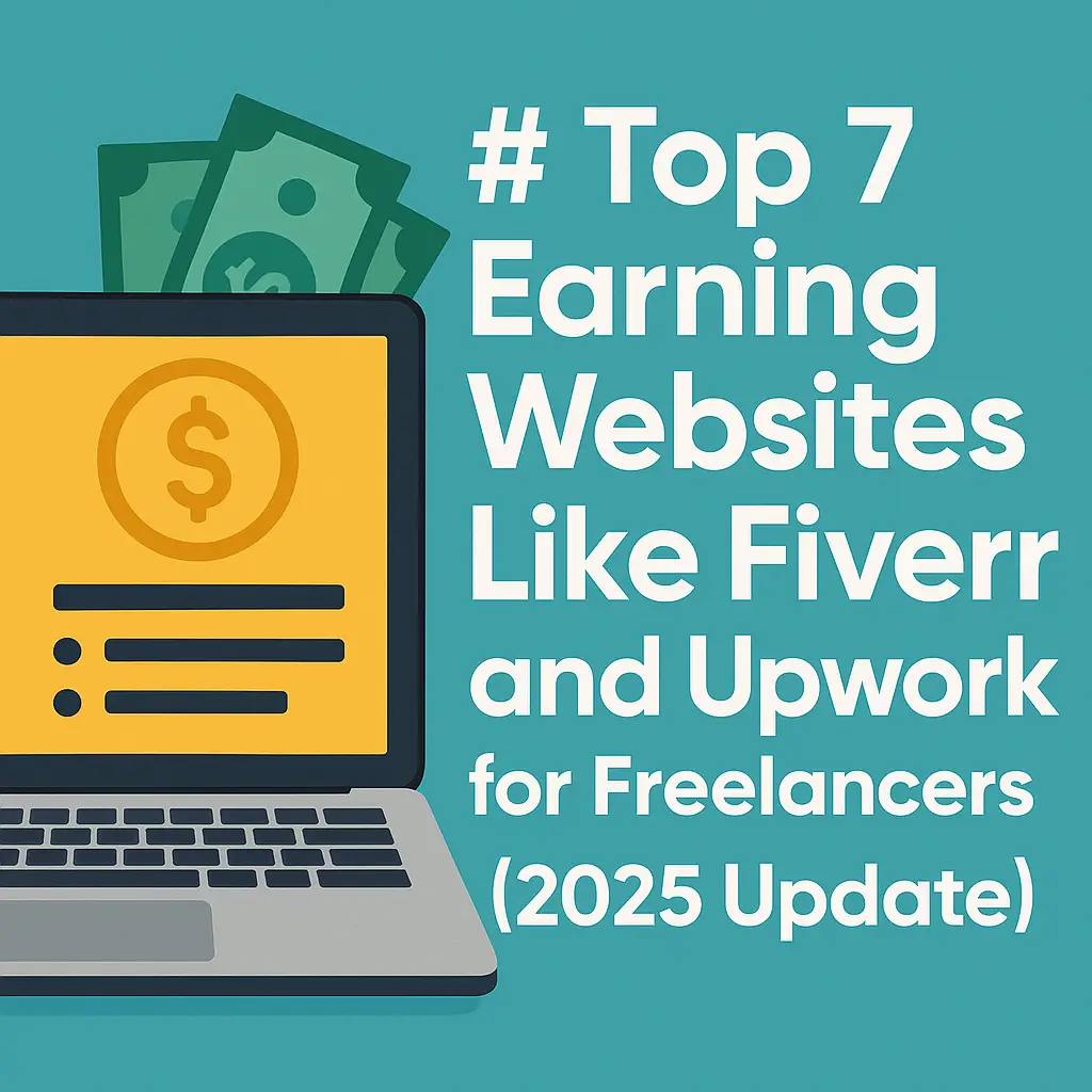 Illustration of a laptop with a dollar sign on screen and cash behind it, alongside the text '# Top 7 Earning Websites Like Fiverr and Upwork for Freelancers (2025 Update)' on a teal background.