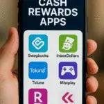 A smartphone held in a hand displaying popular cash rewards apps like Swagbucks, InboxDollars, Toluna, Mistplay, and Rakuten on the screen.