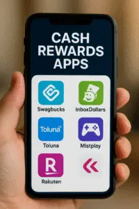 A smartphone held in a hand displaying popular cash rewards apps like Swagbucks, InboxDollars, Toluna, Mistplay, and Rakuten on the screen.