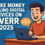 Young man smiling while working on a laptop with dollar signs, showcasing how to make money selling digital services on Fiverr in 2025.