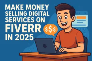 Young man smiling while working on a laptop with dollar signs, showcasing how to make money selling digital services on Fiverr in 2025.