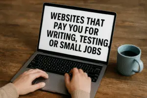 Person typing on a laptop with the screen displaying "Websites That Pay You for Writing, Testing, or Small Jobs", next to a blue coffee mug on a wooden desk.