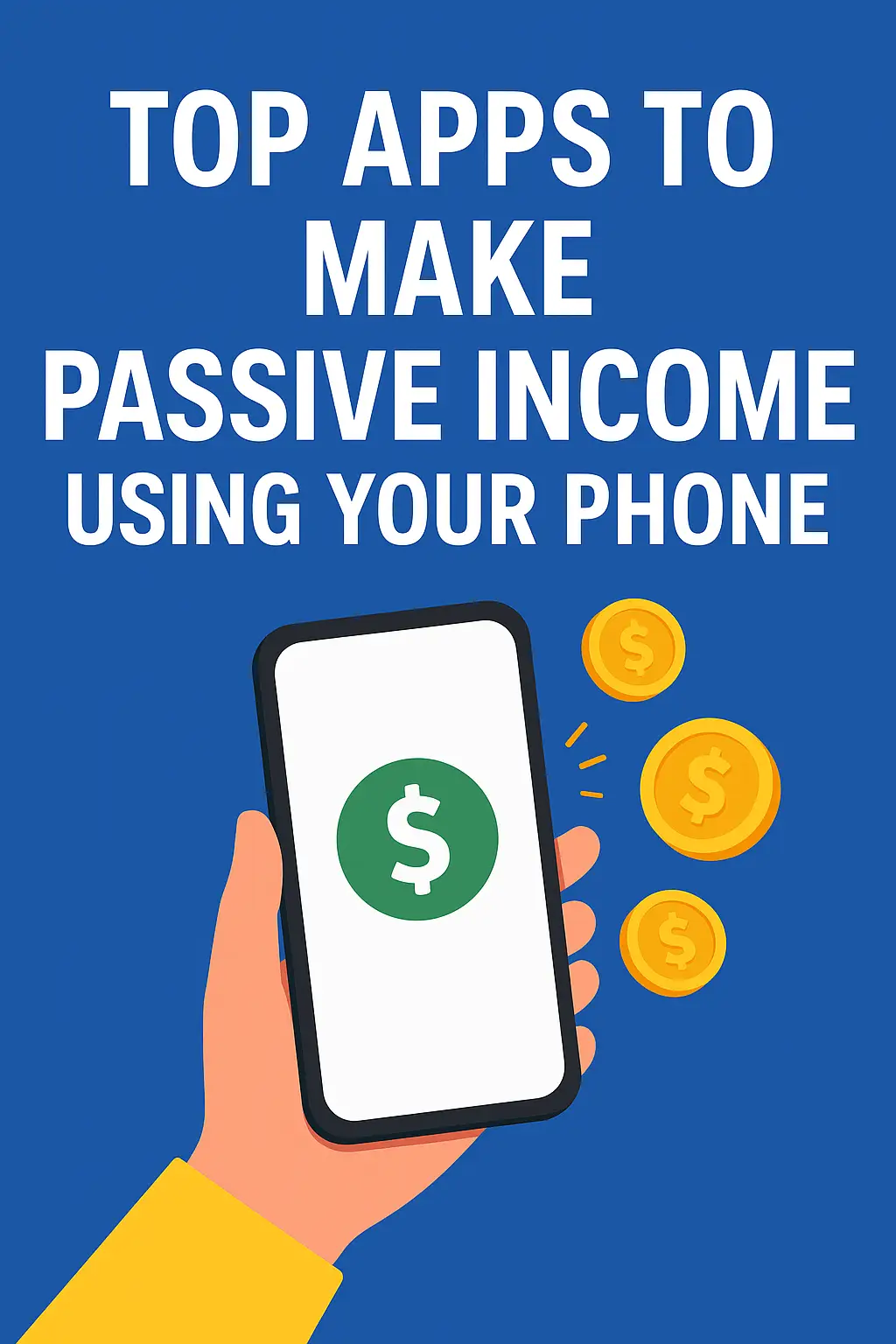 Hand holding smartphone with dollar sign and floating coins, with text: Top Apps to Make Passive Income Using Your Phone