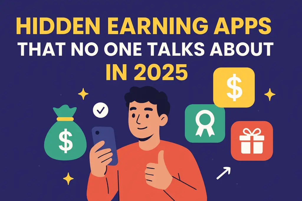 Hidden earning apps in 2025 illustration with a young man holding a phone and money icons