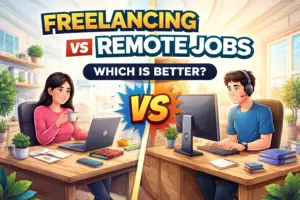 Freelancing vs remote jobs comparison showing two professionals working from home