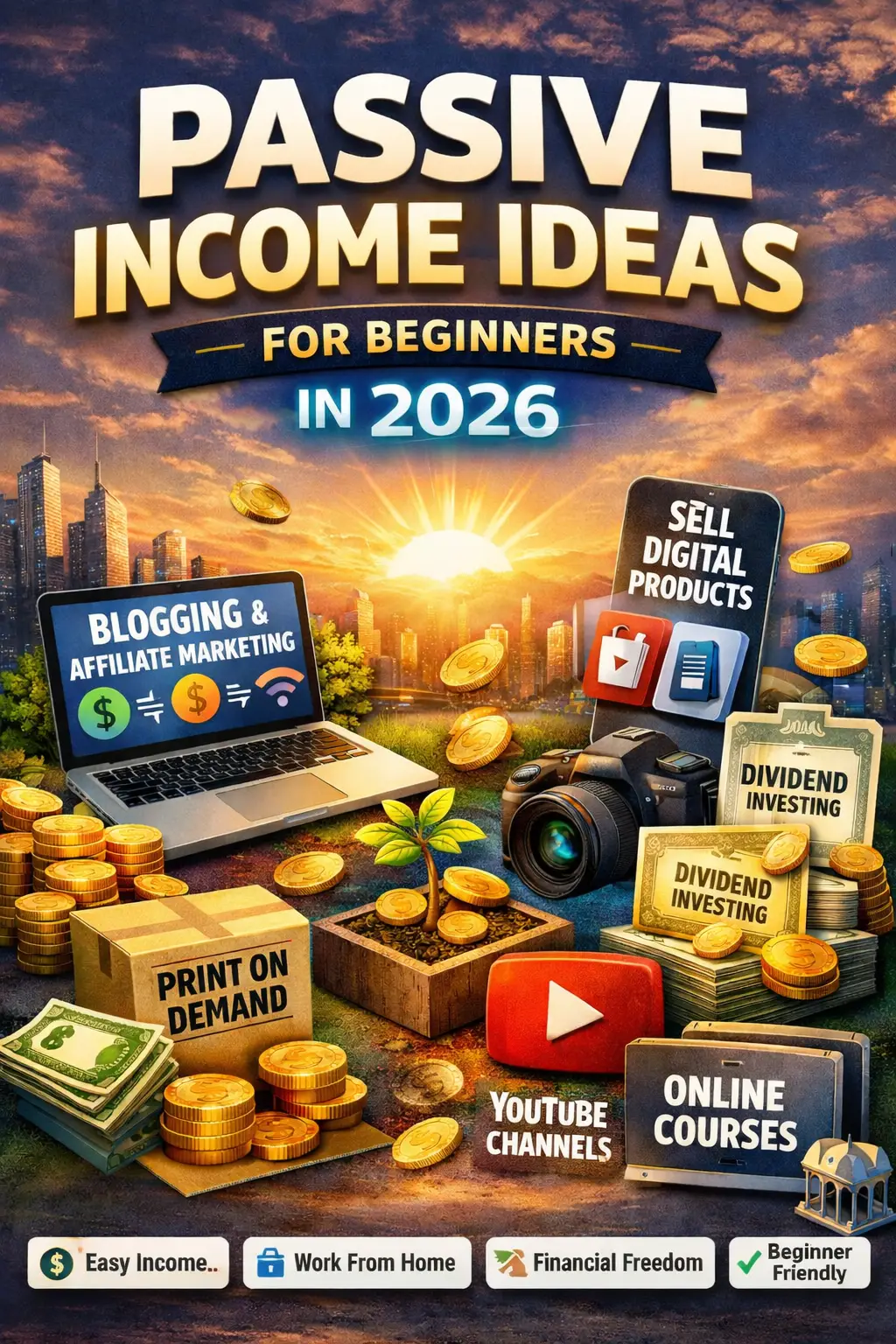 Passive income ideas for beginners in 2026 including blogging, digital products, YouTube, and investing